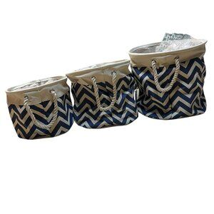 Modern Elegance Canvas Tote Bags Set Of 3 Navy Blue And White Round Storage Bins